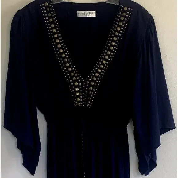 Back From Bali Blue V Neck with Embellishments Maxi Dress Short Sleeves Small - Picture 4 of 13